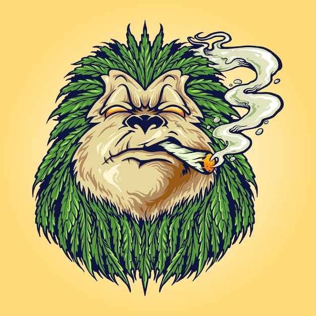 Monkey Weed Smoke Leaf Marijuana Mascot Ilustraciones vectoriales para su trabajo Logotipo, camiseta de mercancía, pegatinas y diseños de etiquetas, carteles, tarjetas de felicitación, publicidad de empresas comerciales o marcas.