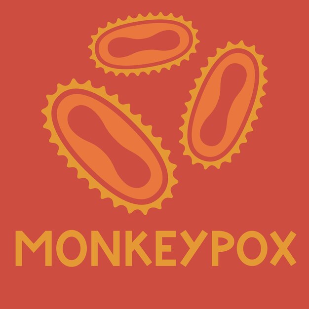 Monkeypox con células de virus sobre fondo rojo.