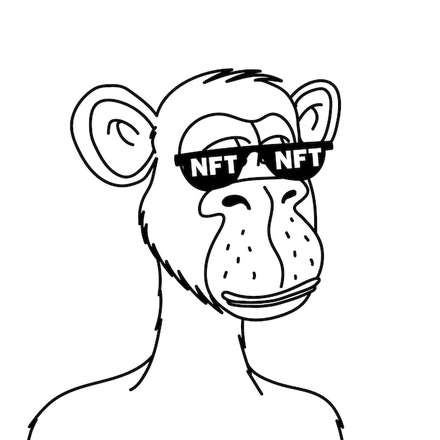Mono aburrido en gafas de sol NFT aislado sobre fondo blanco Mono de cadena de bloques no fungible
