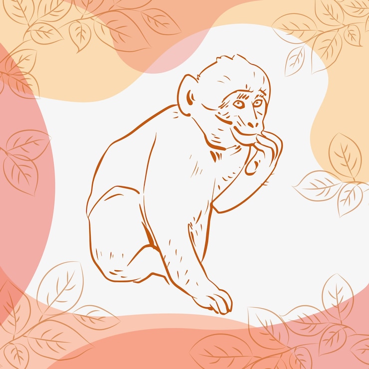 Vector mono animal carácter vector línea arte ilustración sobre fondo floral. icono de arte de línea de mono