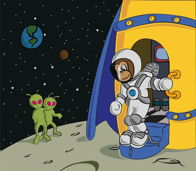 Mono astronauta bajando de un cohete espacial en la luna mientras dos alienígenas lo miran. Ilustración vectorial