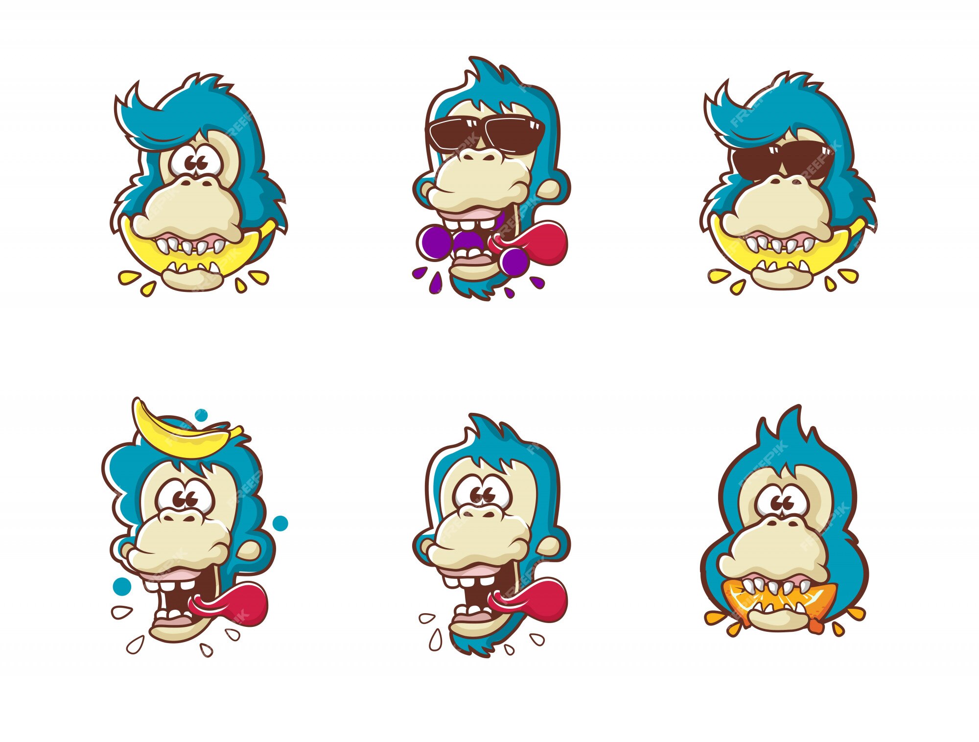 El mono azul de dibujos animados de frescas come fruta. | Vector Premium