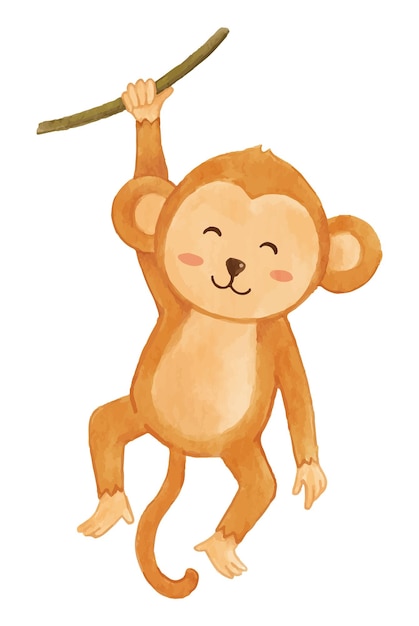 El mono se balancea en la vid Diseño de pintura de acuarela Lindo personaje de dibujos animados de animales Vector