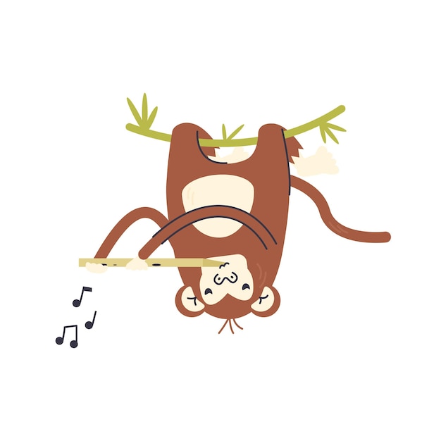 Mono bebé colgando de la vid Mono lindo tocando música en la flauta Diseño de personajes de animales de la guardería