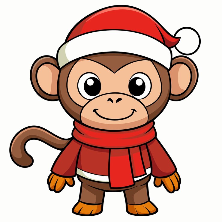 Vector un mono con una bufanda roja con un sombrero de santa en él