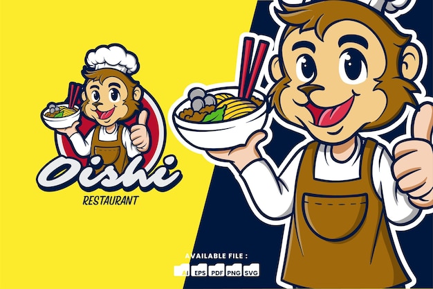 Mono Chef Mascota Logotipo De Dibujos Animados Con Ramen