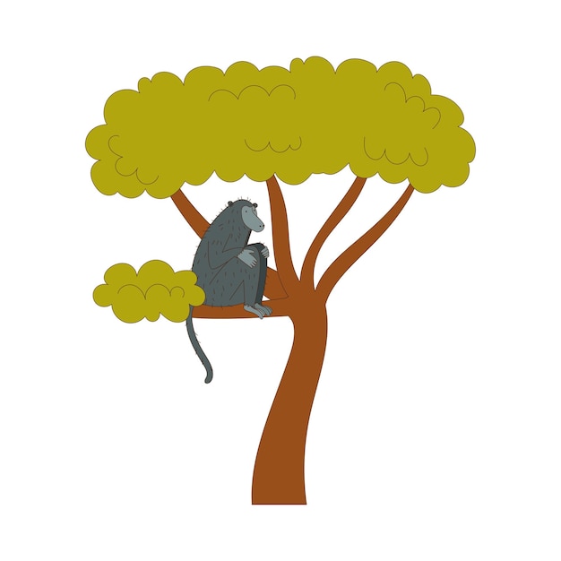 Mono como animal africano sentado en la rama de un árbol Ilustración vectorial