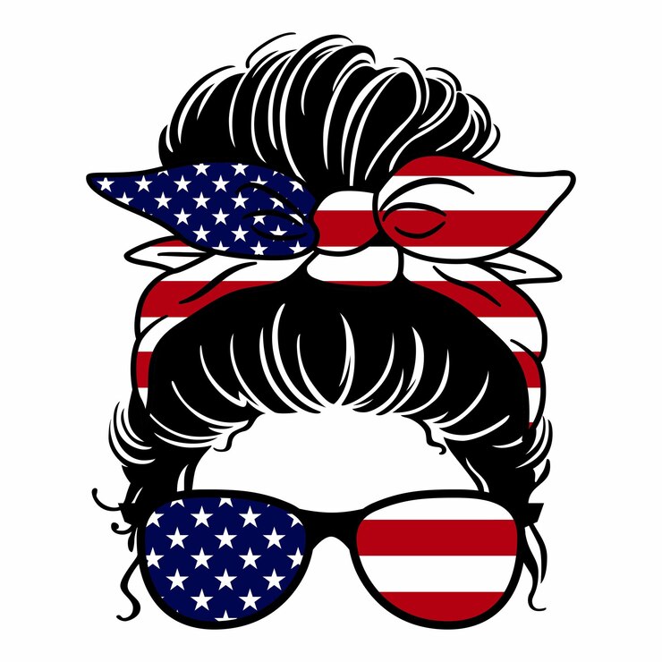 Moño desordenado, gafas con bandera de EE. UU., niña afroamericana, esposa militar o mamá, esposa de veteranos