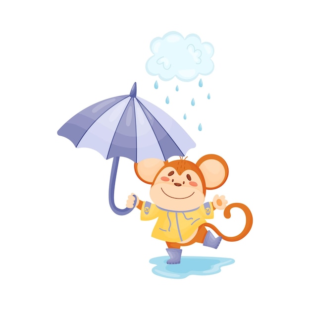 El mono de dibujos animados camina en la ilustración vectorial de la lluvia