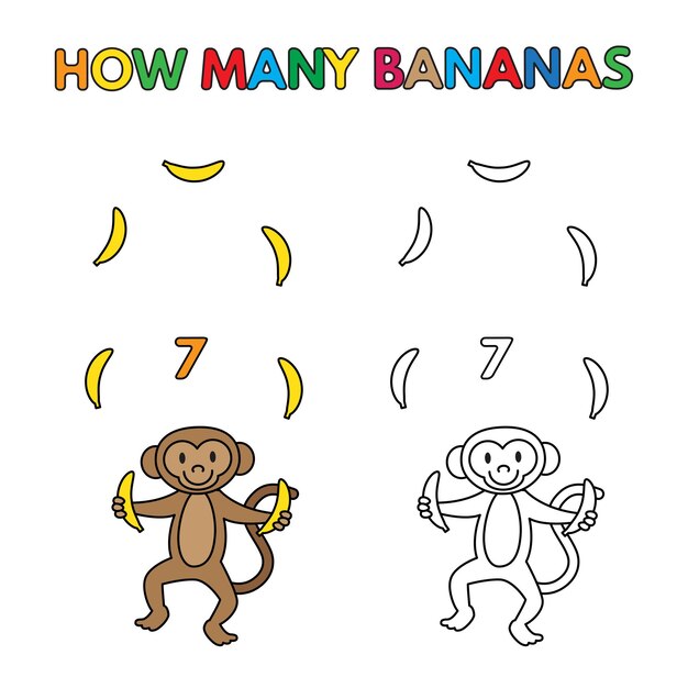 Mono de dibujos animados contando plátanos Páginas de libros de colorear vectoriales para niños