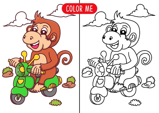 mono de dibujos animados divertido montando una página para colorear de moto o libro para niños