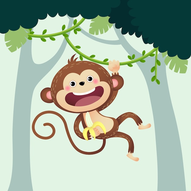 Mono de dibujos animados con un plátano colgando de liana en la selva.