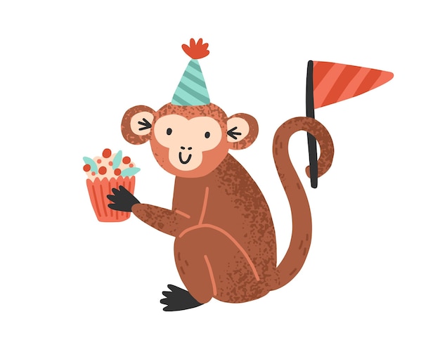 Vector mono divertido en sombrero de cono con ilustración plana de vector de cupcake festivo. tití de celebración alegre con postre dulce y bandera festiva aislada en blanco. lindo animal para cumpleaños infantil.