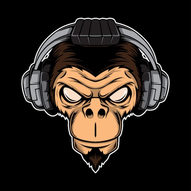 Mono enojado con auriculares. Concepto de juego