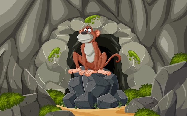 Vector mono en la entrada de una cueva rocosa