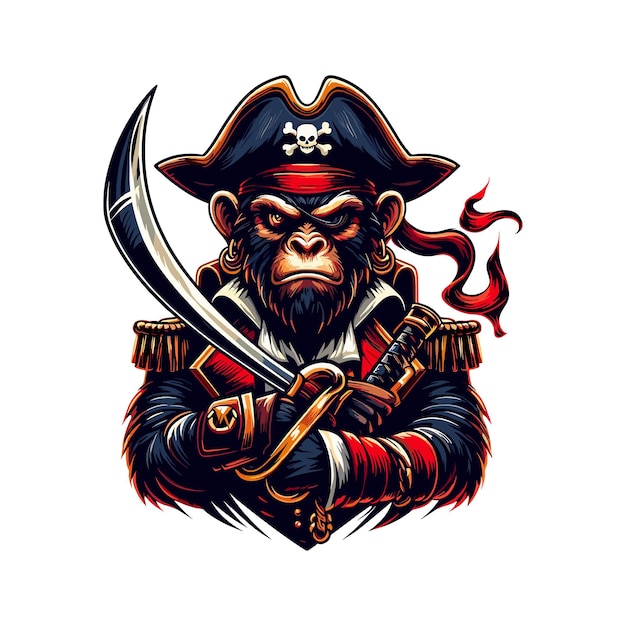 Vector un mono con una espada y un sombrero pirata ilustración vectorial de un mono pirata