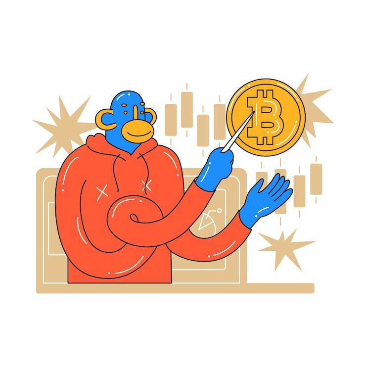 Vector el mono está dando una conferencia en línea sobre los beneficios de adquirir bitcoin inversión en minería de criptomonedas búsqueda de nuevas ideas de negocios exitosas estule de dibujos animados en ilustración vectorial aislado