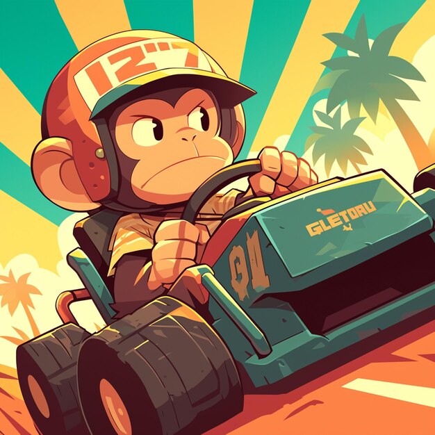 Vector un mono en un estilo de dibujos animados de gocart