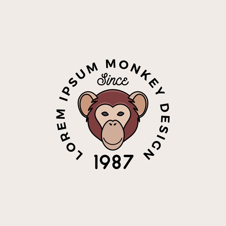 Vector mono de estilo de línea o cara de mono con tipografía retro. signo de vector abstracto, símbolo o plantilla de logotipo. silueta de dibujos animados. aislado