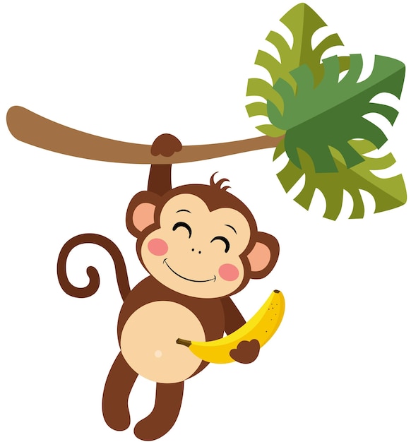 Mono feliz colgando de una rama de palma sosteniendo un plátano