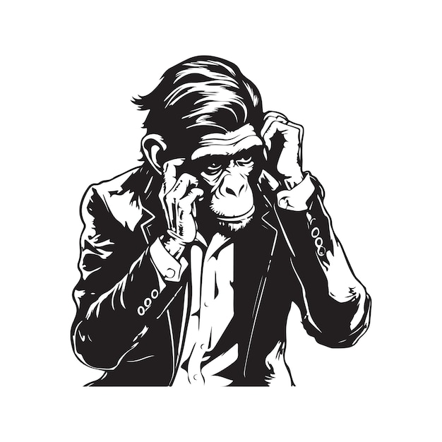 Mono frustrado en traje de negocios vintage logo concepto blanco y negro color dibujado a mano ilustración