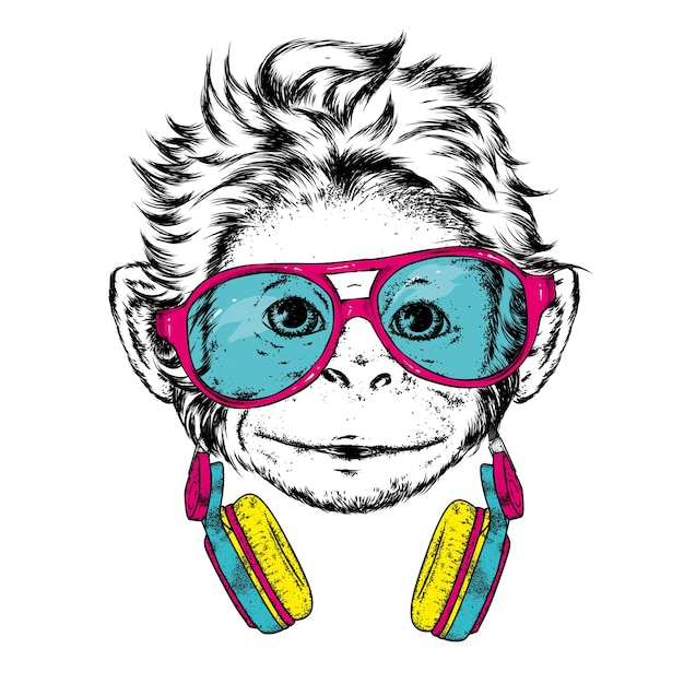 Mono gracioso con gafas y auriculares