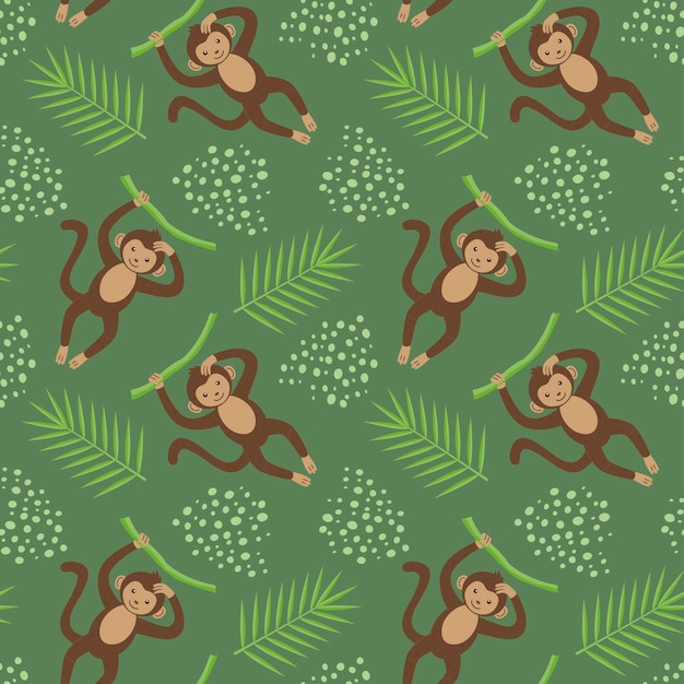 Mono gracioso sobre un fondo verde con hojas y puntos