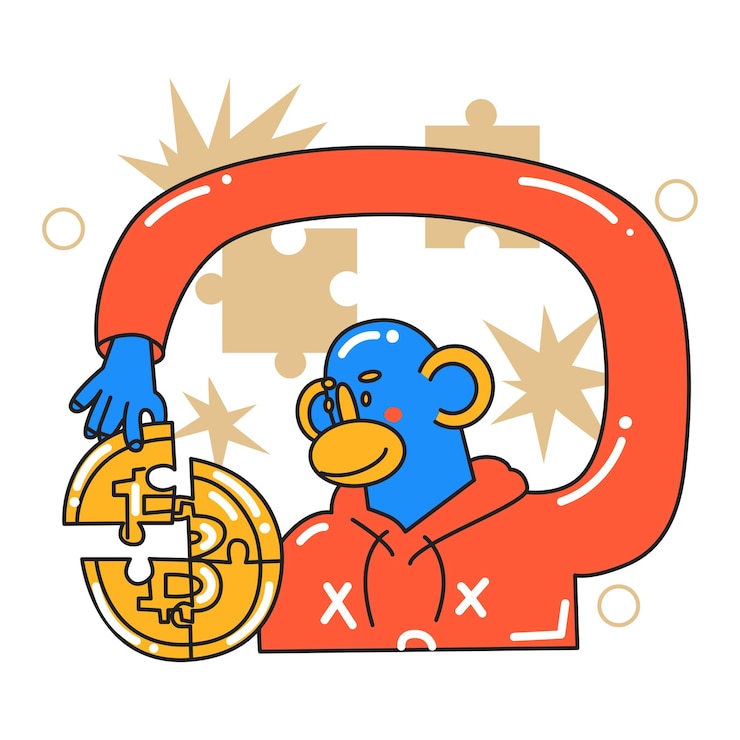 Vector el mono hace una moneda de bitcoin a partir de un rompecabezas preocupación por el futuro financiero búsqueda de inicio de inversión para nuevas ideas de negocios exitosas estilo de dibujos animados en ilustración vectorial objeto aislado