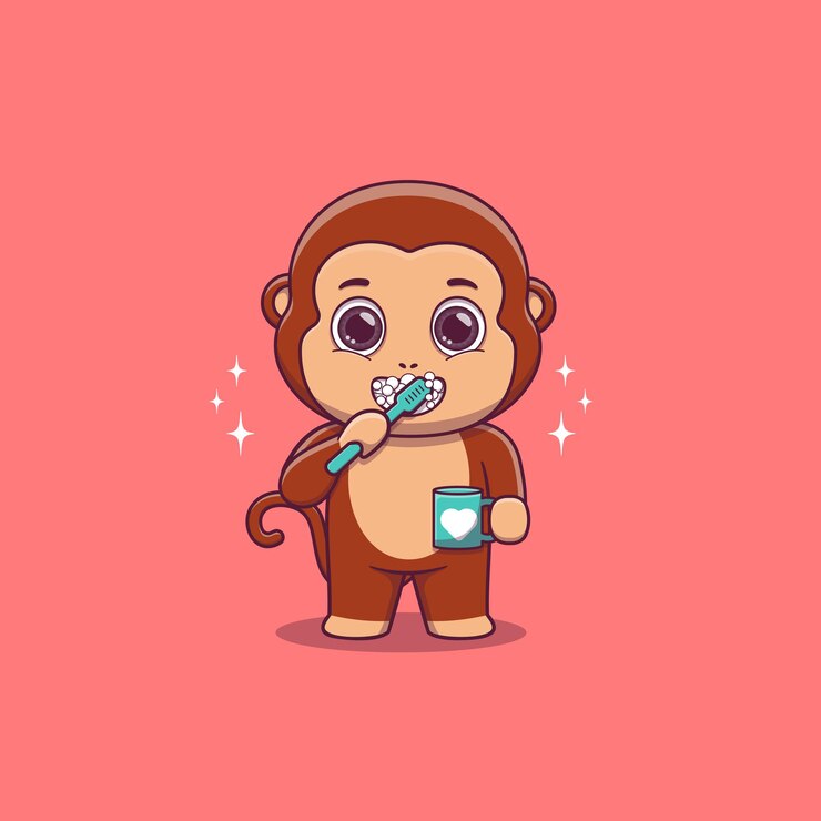 Vector mono lindo cepillarse los dientes mientras sostiene la taza
