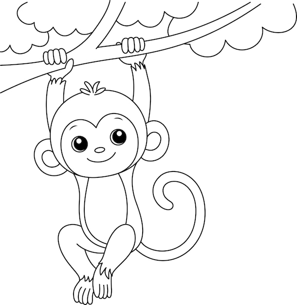 El mono lindo colgando en el árbol personaje de dibujos animados página de colorear ilustración vectorial