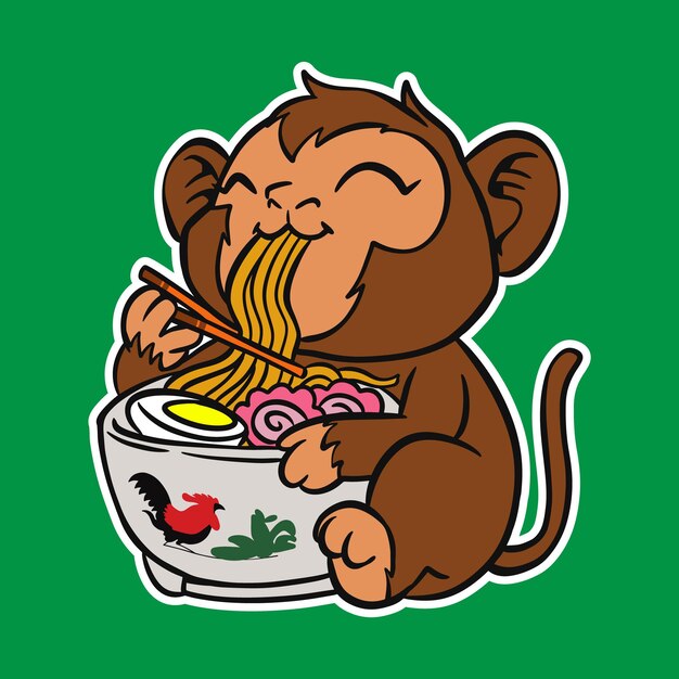 un mono lindo comiendo fideos ramen ilustración de dibujos animados