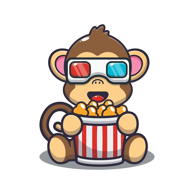 Mono lindo comiendo palomitas de maíz y ver una película en 3d ilustración de dibujos animados de animales lindos