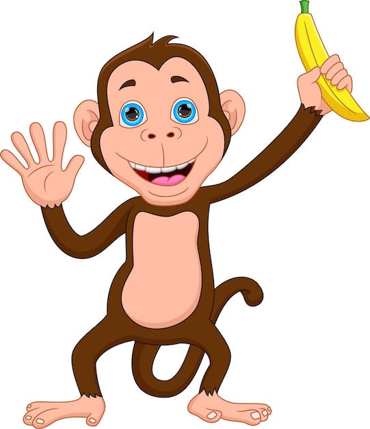 un mono lindo de dibujos animados con un plátano en la mano