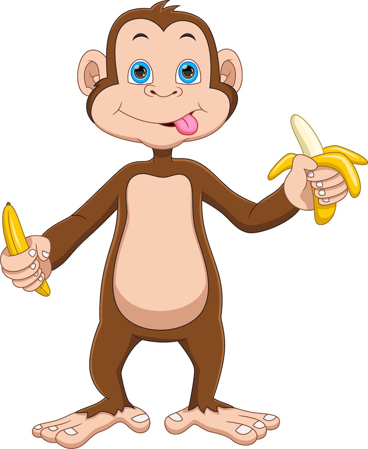 Vector un mono lindo de dibujos animados con un plátano en la mano
