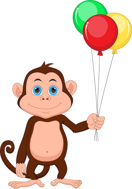 mono lindo de dibujos animados sosteniendo globos sobre fondo blanco