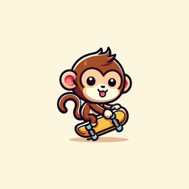 Un mono lindo jugando al patineta, una ilustración de icono vectorial de dibujos animados, un animal, un icono deportivo, un concepto aislado.