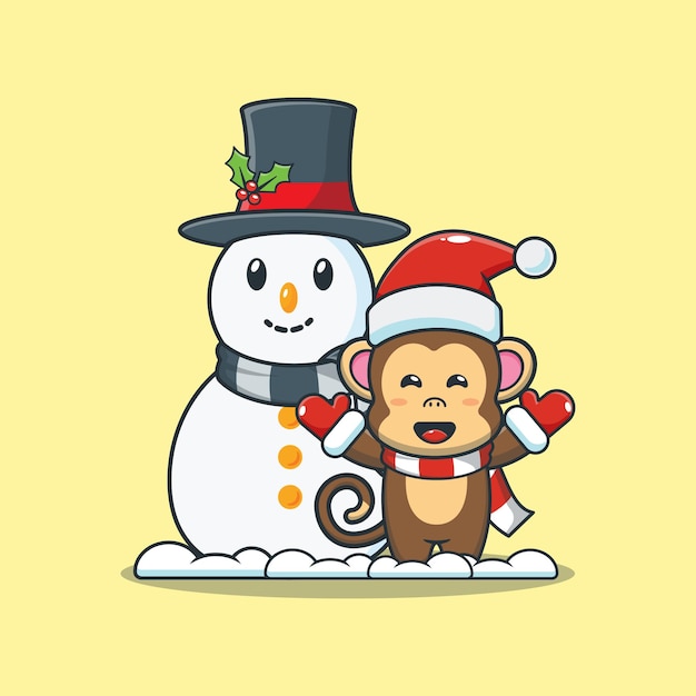 Mono lindo con muñeco de nieve ilustración de dibujos animados lindo de  navidad | Vector Premium