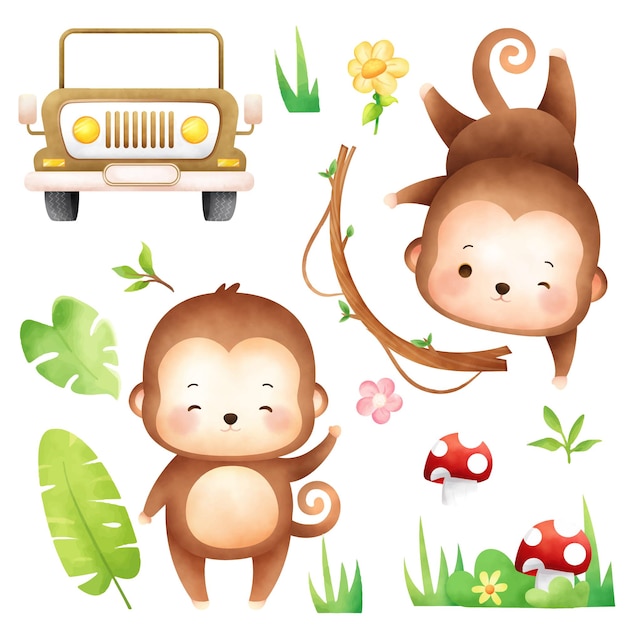 Vector mono lindo safari selva bosque acuarela conjunto 1