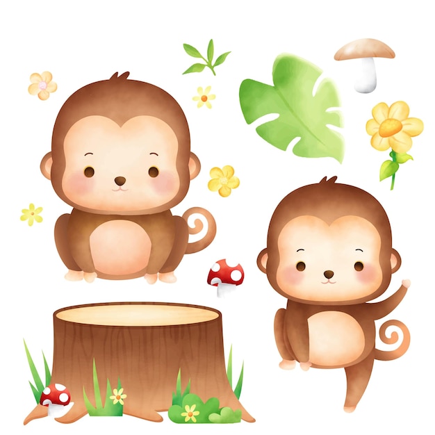 Mono lindo safari selva bosque acuarela conjunto 2