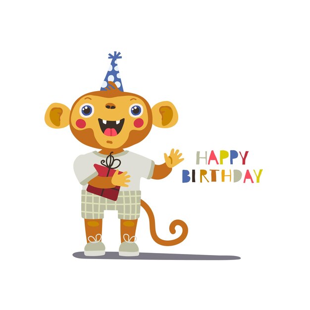 Un mono lindo con un sombrero festivo está sosteniendo un regalo inscripción de feliz cumpleaños perfecto para saludos