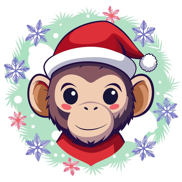 Vector un mono lindo con un sombrero de papá noel y sonriendo