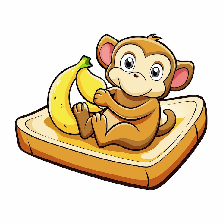 Vector un mono lúdico disfrutando de la mermelada de plátano en una rebanada de pan