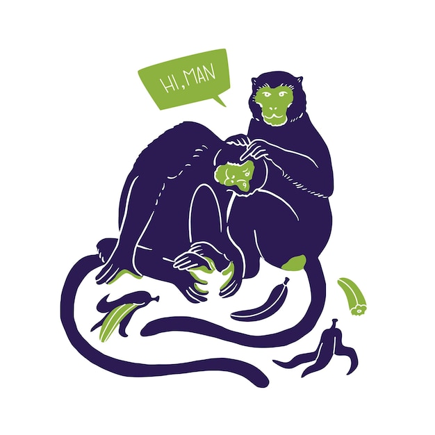 Vector un mono prepara a otro eliminando parásitos de su pelaje rodeado de plátanos y pieles de plátano relaciones sociales hombre animales asociación asistencia mutua cita hola hombre vector ilustración