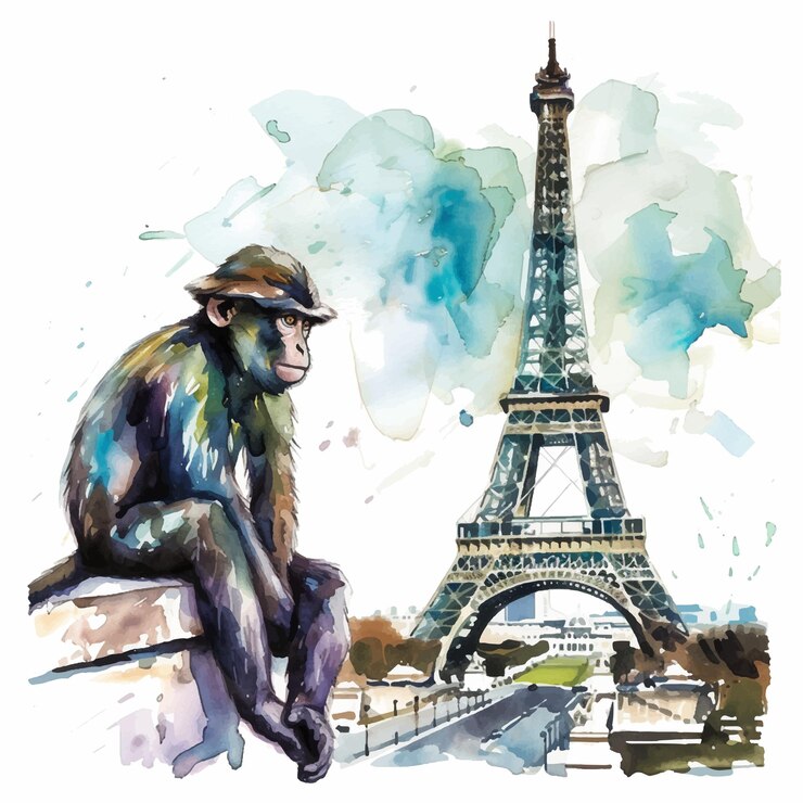 Vector mono sentado frente a la pintura acuarela de la torre eiffel