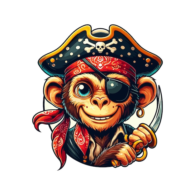 Vector un mono con un sombrero de pirata y un cuchillo ilustración vectorial aventurera de un mono pirata