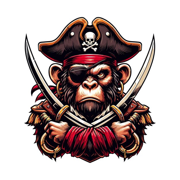 Vector un mono con un sombrero de pirata y una ilustración vectorial de una espada de un mono pirata