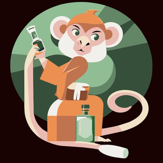 Un mono sosteniendo una botella de licor Ilustración vectorial