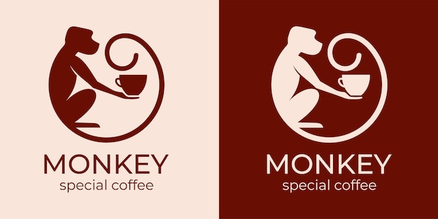 Mono con una taza de café o té Logotipo o placa para cafeterías y cafeterías Ilustración vectorial Logotipo especial