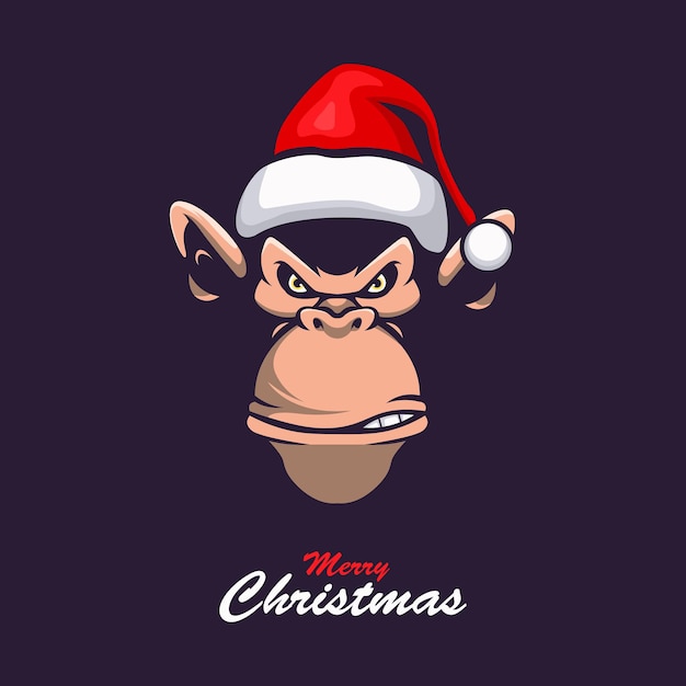 Mono con un vector de ilustración de diseño de logotipo de mascota de sombrero de navidad
