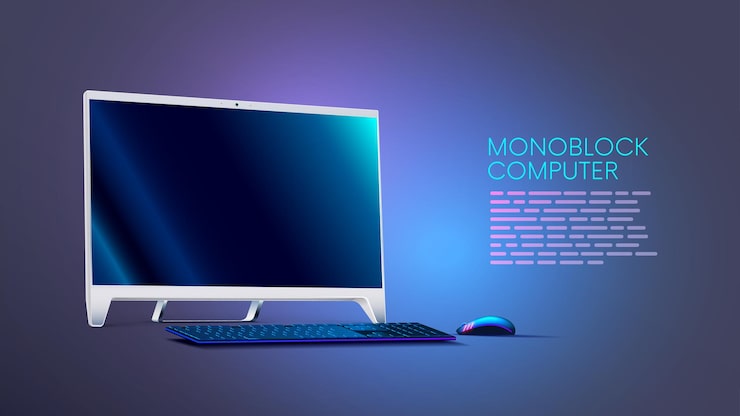 Vector monoblock computer office monoblock computer keyboard mouse stand on table in perspective computer monitor is turned off desktop pc template for business computer without system case